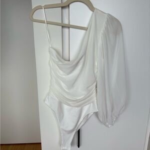Hello Molly White One Shoulder Draped Bodysuit
